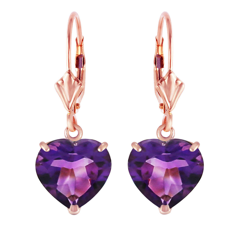14K. SOLID GOLD LEVER BACK EARRINGS NATURAL 10mm HEART AMETHYSTS (Rose Gold)